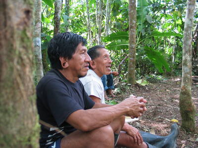 Two Huaorani brothers telling myths while taking a break from 'land working' (L. Rival, 2009)
