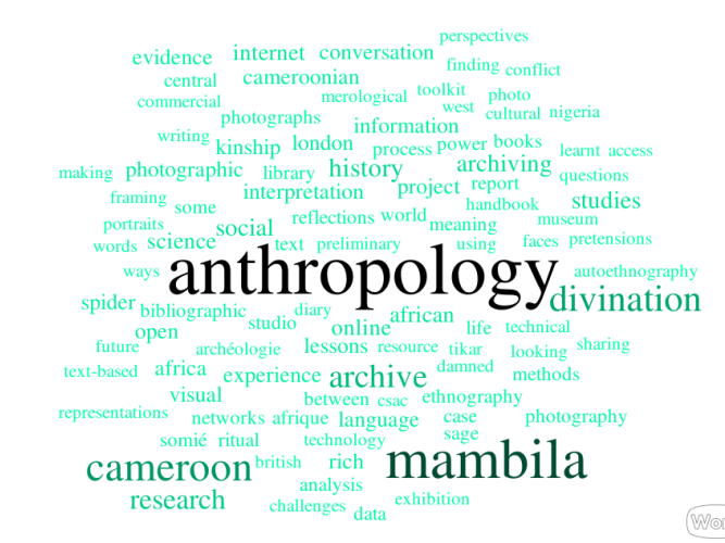 Word cloud with anthropology at the centre, with words divination, Mambila, Cameroon, archive and research surrounding 