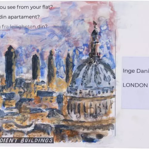 A painting of st Pauls on a postcard saying 'What do you see from your flat?'