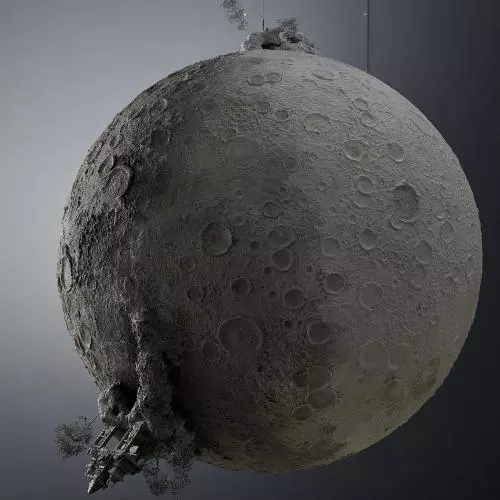 Moon with buildings and trees