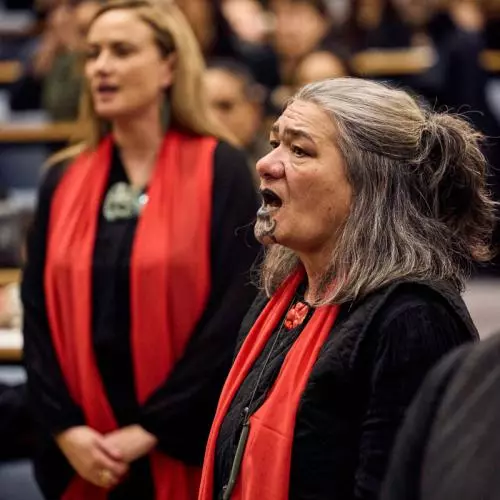 Representatives of Mākereti's tribe, Tūhourangi, singing in the Māori remembrance ceremony.
