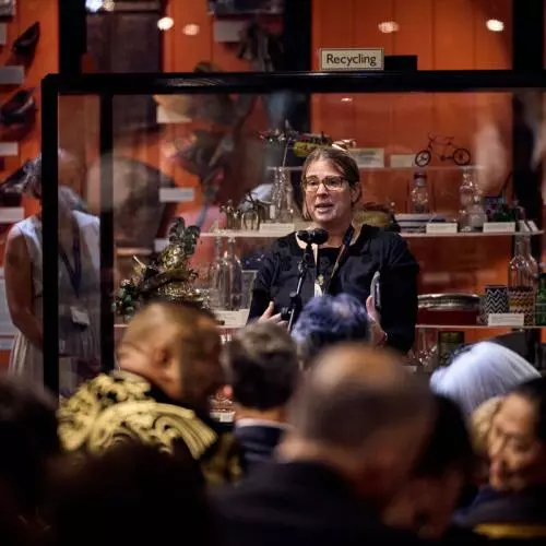 Professor Laura Van Broekhoven, Director of the Pitt Rivers Museum, delivering a speech at the reception at the Pitt Rivers Museum. 