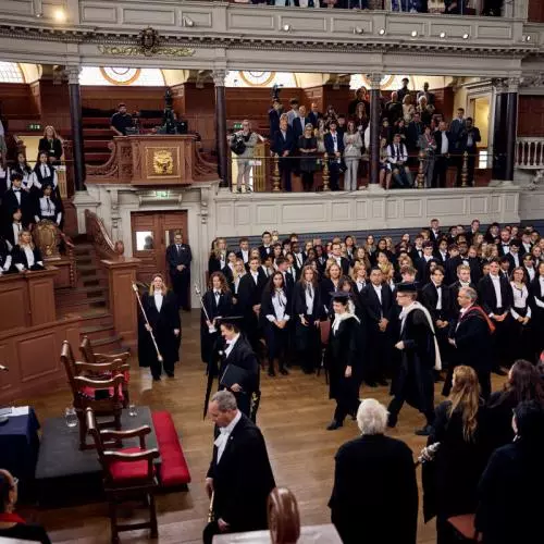 Professor Irene Tracy, Vice-Chancellor of the University of Oxford, walks to the stage to host the graduation ceremony at the Sheldonian Theatre. 