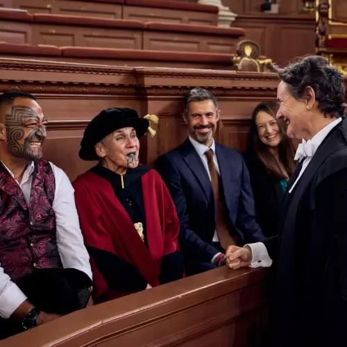 (Right) Professor Irene Tracy, Vice-Chancellor of the University of Oxford, speaks with Mākereti's family and guests in the Sheldonian Theatre after the graduation ceremony.