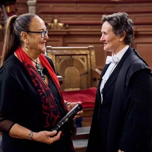 (Right) Professor Irene Tracy, Vice-Chancellor of the University of Oxford, speaks with (left) June Northcroft Grant, who received the certificate on behalf of Mākereti. 