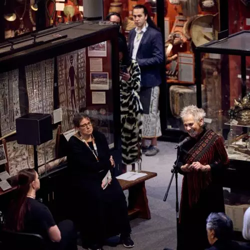 Emeritus Professor Ngahuia Te Awekotuku giving a speech at the reception at the Pitt Rivers Museum. 