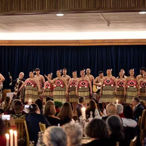 Representatives of Mākereti's tribe, Tūhourangi, performing songs and dances during the dinner at St Anne's College. 