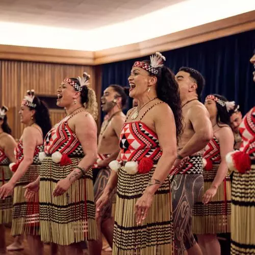 Representatives of Mākereti's tribe, Tūhourangi, performing songs and dances during the dinner at St Anne's College. 