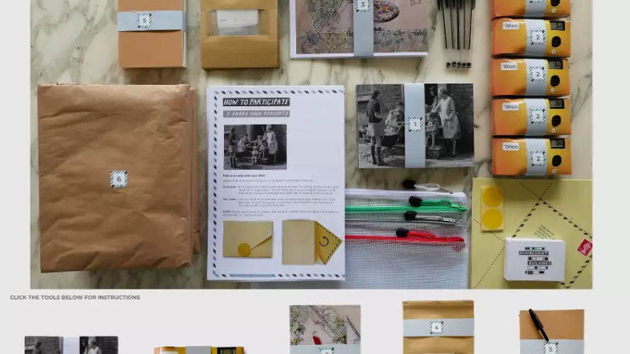 An image showing envelopes, notebooks cameras maps, a sample bag and packaging that makes up the tool kit