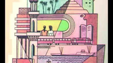 illustration of features of the Egyptian landscape in pinkish colours