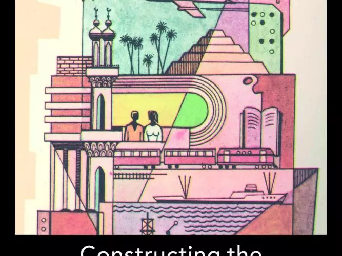 illustration of features of the Egyptian landscape in pinkish colours