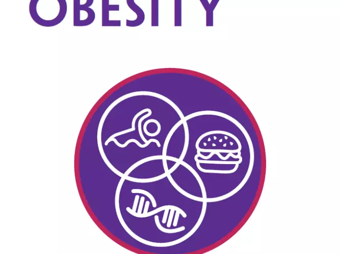 understanding obesity front cover. Purple circle with venn diagram of activity, food and genes