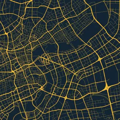 A yellow on black street map of lonondon
