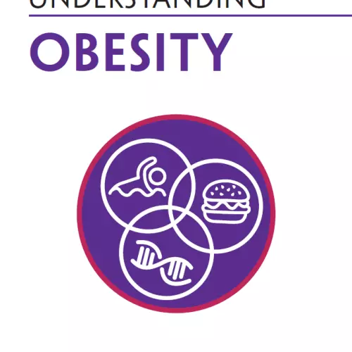 understanding obesity front cover. Purple circle with venn diagram of activity, food and genes