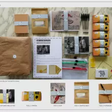 An image showing envelopes, notebooks cameras maps, a sample bag and packaging that makes up the tool kit