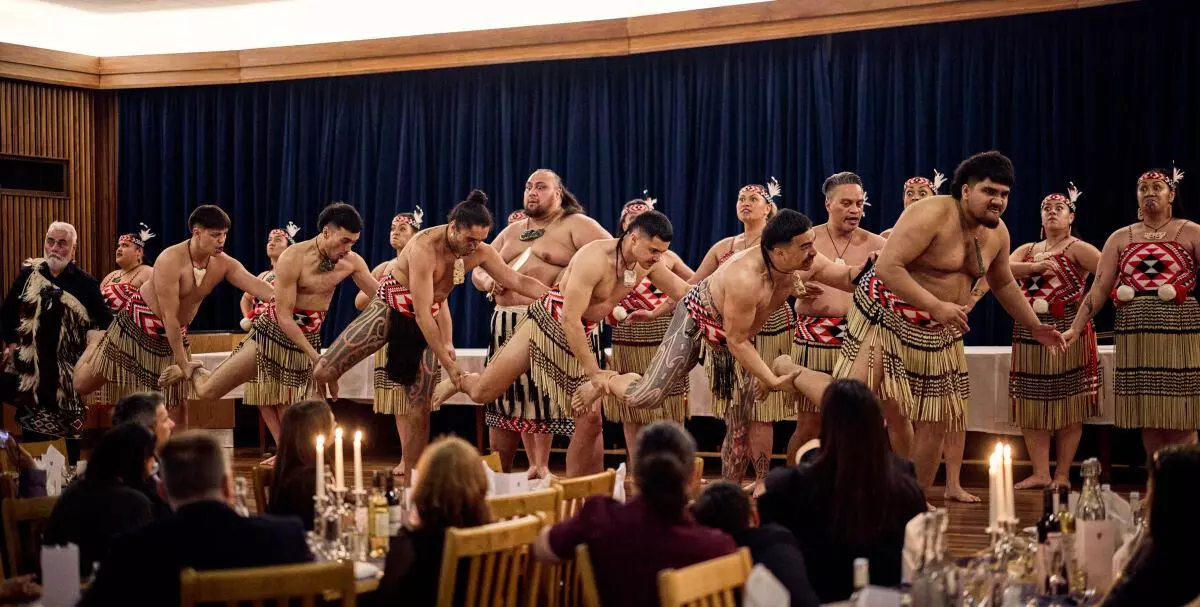 Representatives of Mākereti's tribe, Tūhourangi, performing songs and dances during the dinner at St Anne's College. 