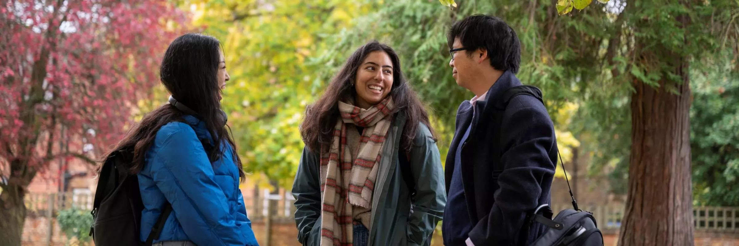 A group of three students standing outside and chatting under autumnal trees