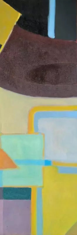 abstract painting in yellows, browns and turquoise shades