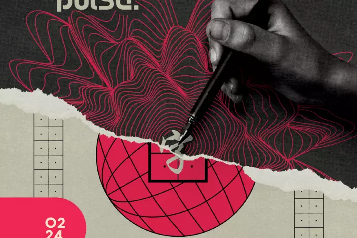 Torn page half graphic image half photo of a person holding a pens
