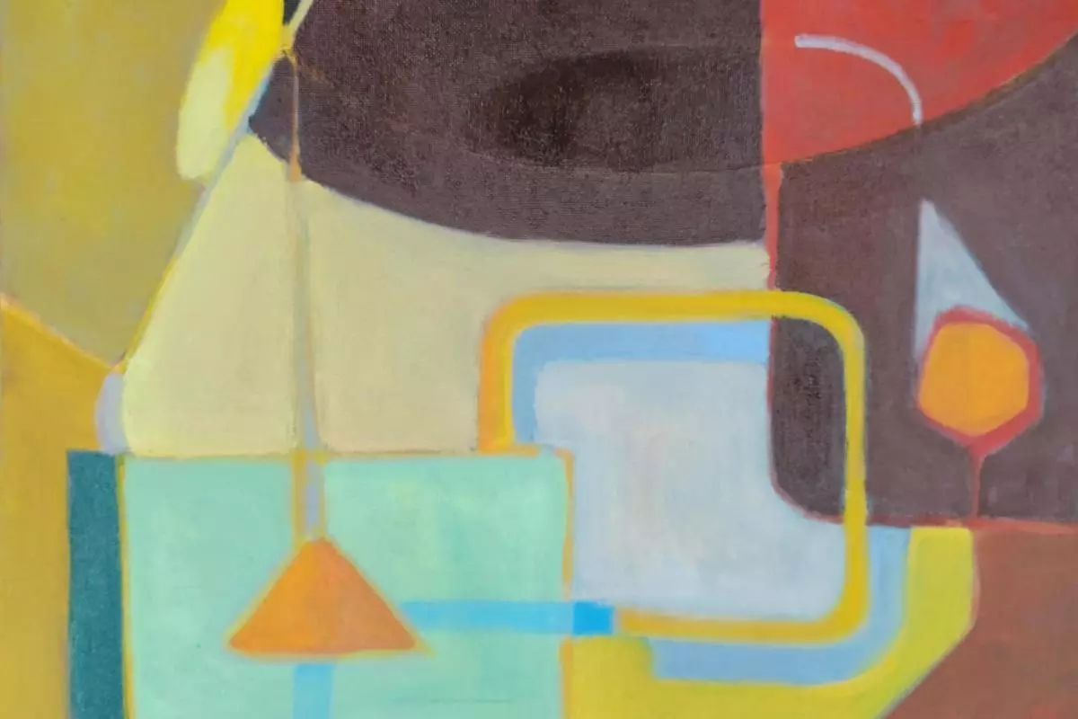 abstract painting in yellows, browns and turquoise shades