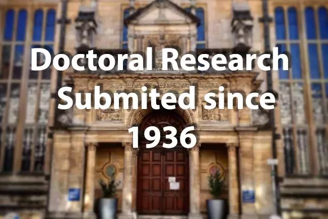 Photo of the Exam School main entrance with overlaid text: Doctoral Research submitted since 1936